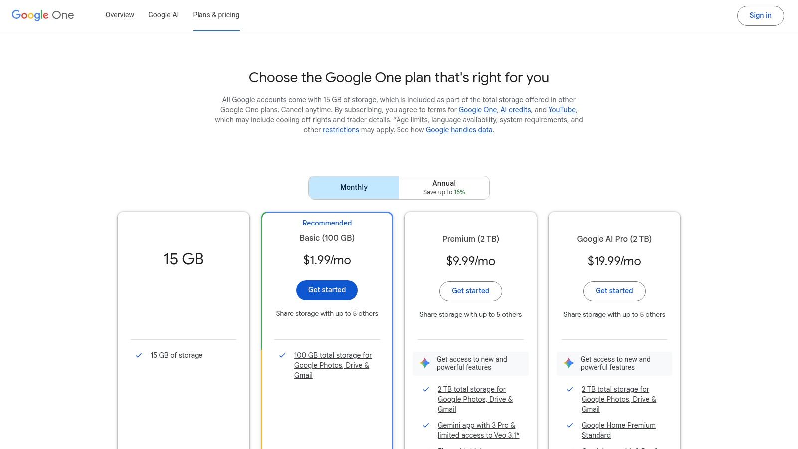 A screenshot of the Google One AI plans, showing different tiers like AI Premium and AI Premium with more storage.