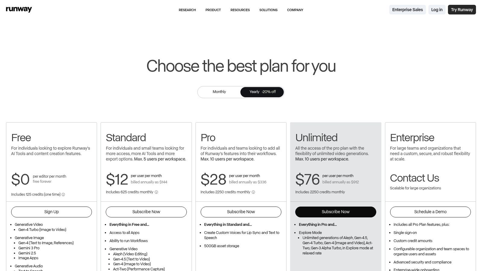 A screenshot of the Runway pricing page, showing different plans like Free, Standard, Pro, and Unlimited.