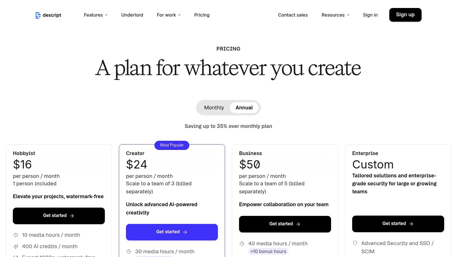Descript's pricing plans, showing Free, Creator, and Pro tiers with different features and limits.