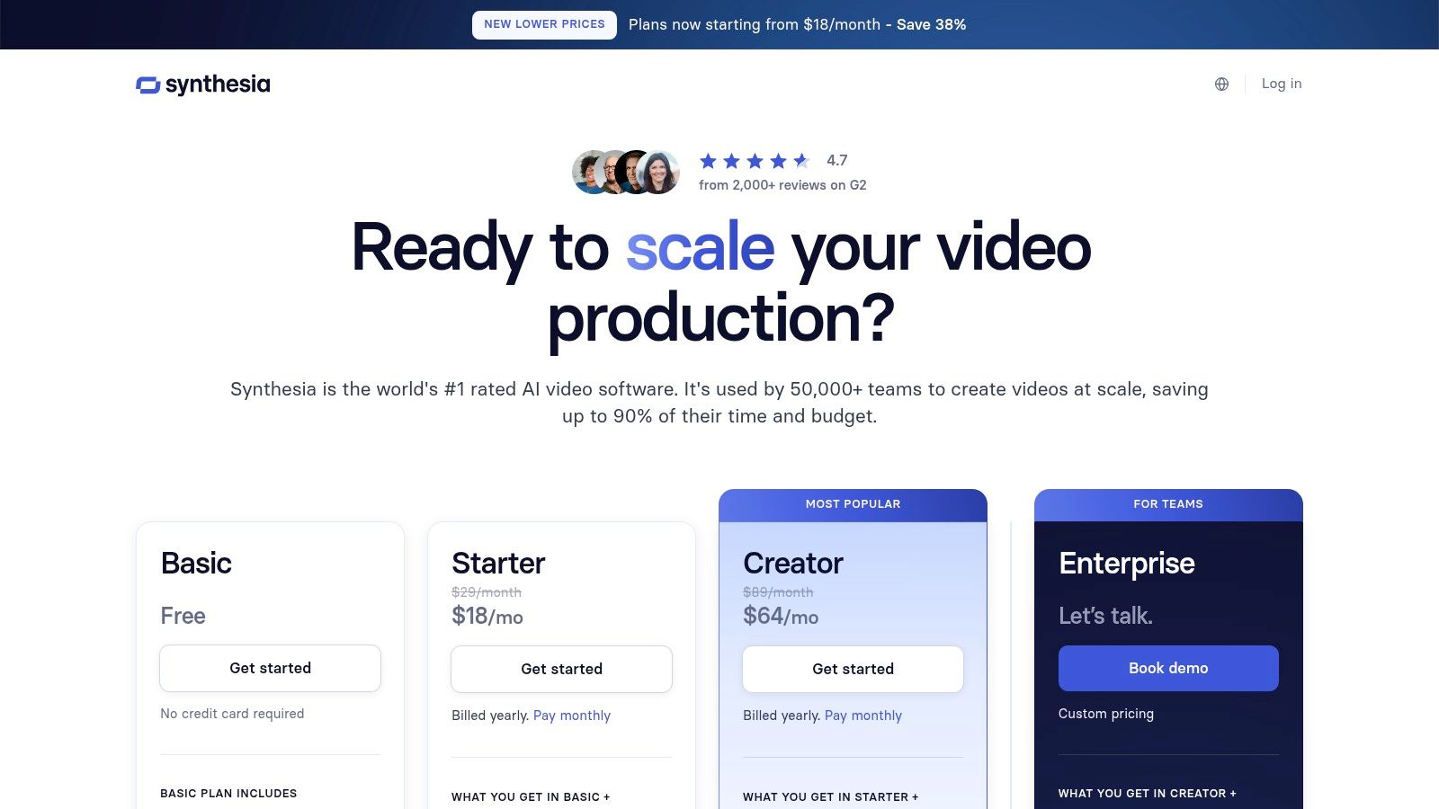 A screenshot of the Synthesia pricing page showing the Starter, Creator, and Enterprise plans with different minute/credit limits.