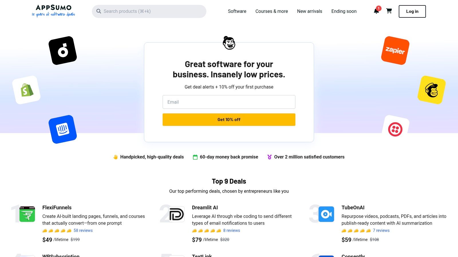 A screenshot of the AppSumo website showing various software deals, including AI tools, with discounted prices and user ratings.