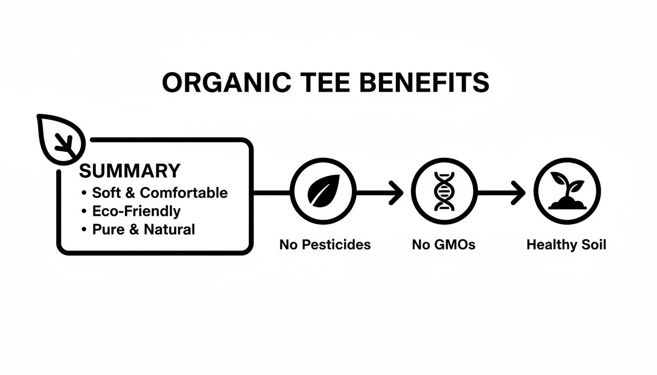 An infographic detailing organic tee benefits: soft, eco-friendly, pure, with no pesticides or GMOs, leading to healthy soil.