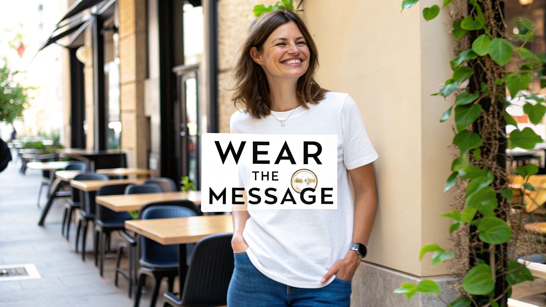 Smiling woman in white t-shirt and jeans standing by a cafe with 'WEAR THE MESSAGE' text.
