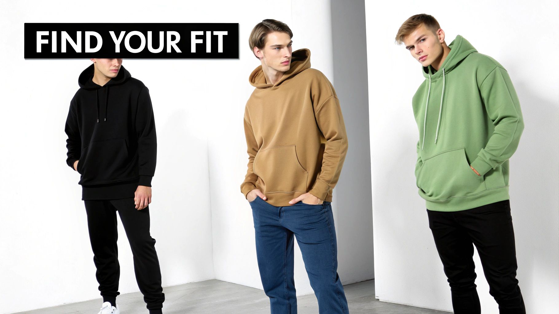 Three men model different colored organic cotton hoodies in black, brown, and green, promoting comfortable style.