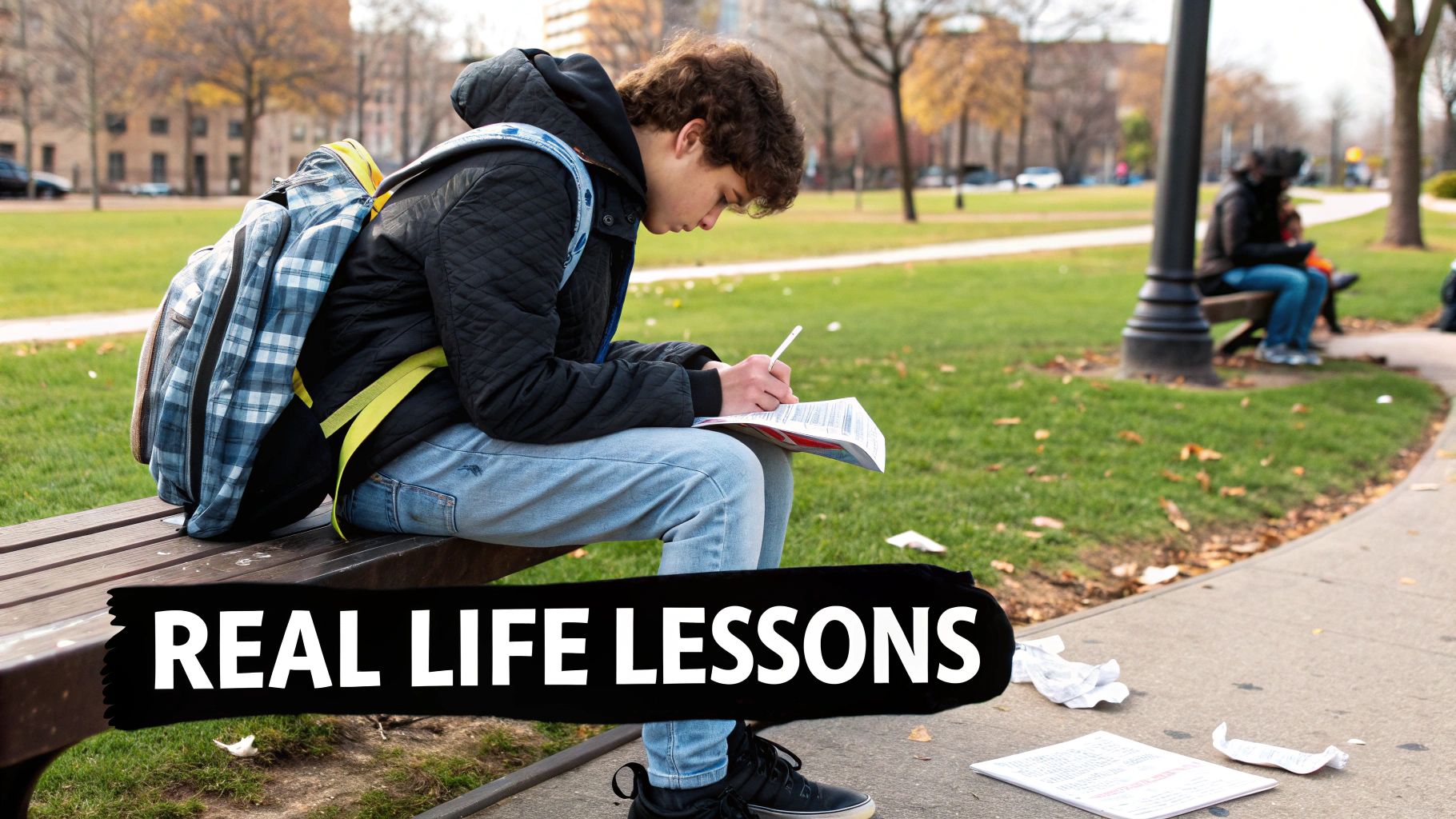 A teenager sits on a park bench, writing in a book, with a backpack beside them.