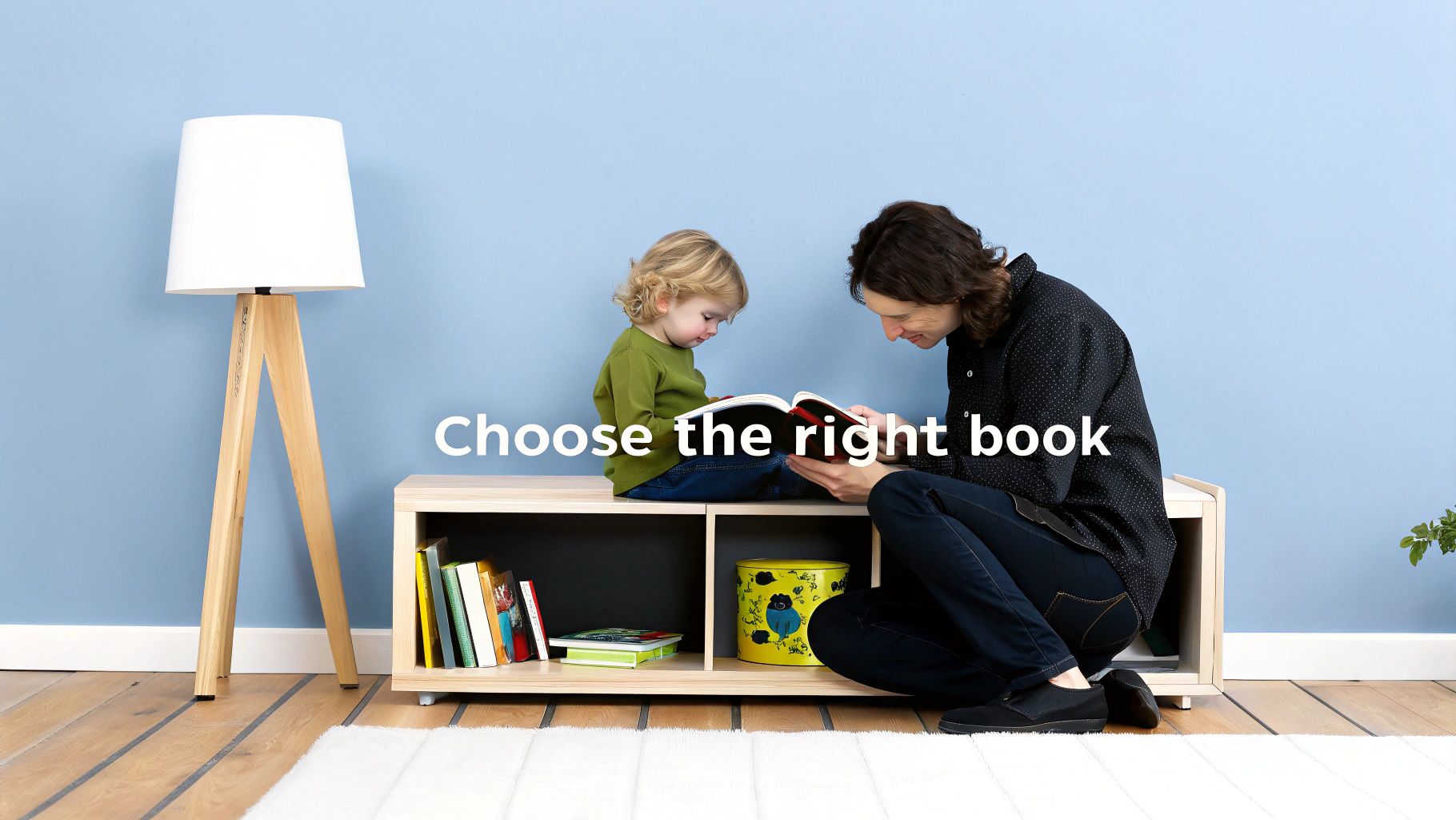 An adult and a child sitting on a low shelf, happily reading an open book together in a cozy room.