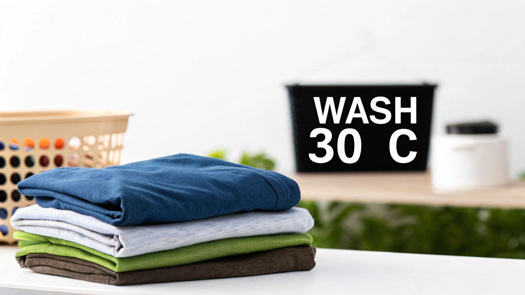 A stack of neatly folded organic cotton t-shirts with a laundry basket and wash instructions.