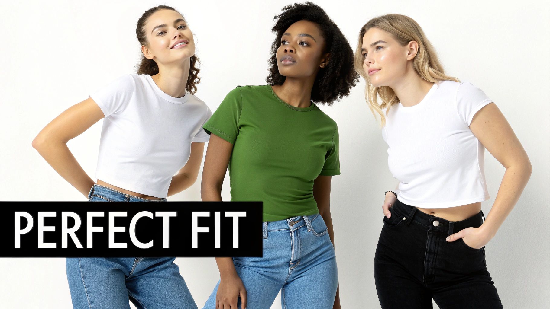 Three diverse women in white and green crop tops and jeans, posing against a white background.