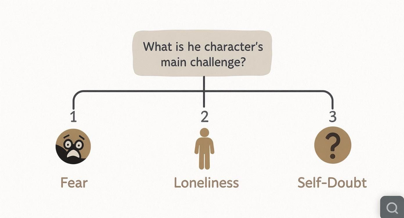 A diagram titled 'What is the character's main challenge?' showing three options: Fear, Loneliness, and Self-Doubt.