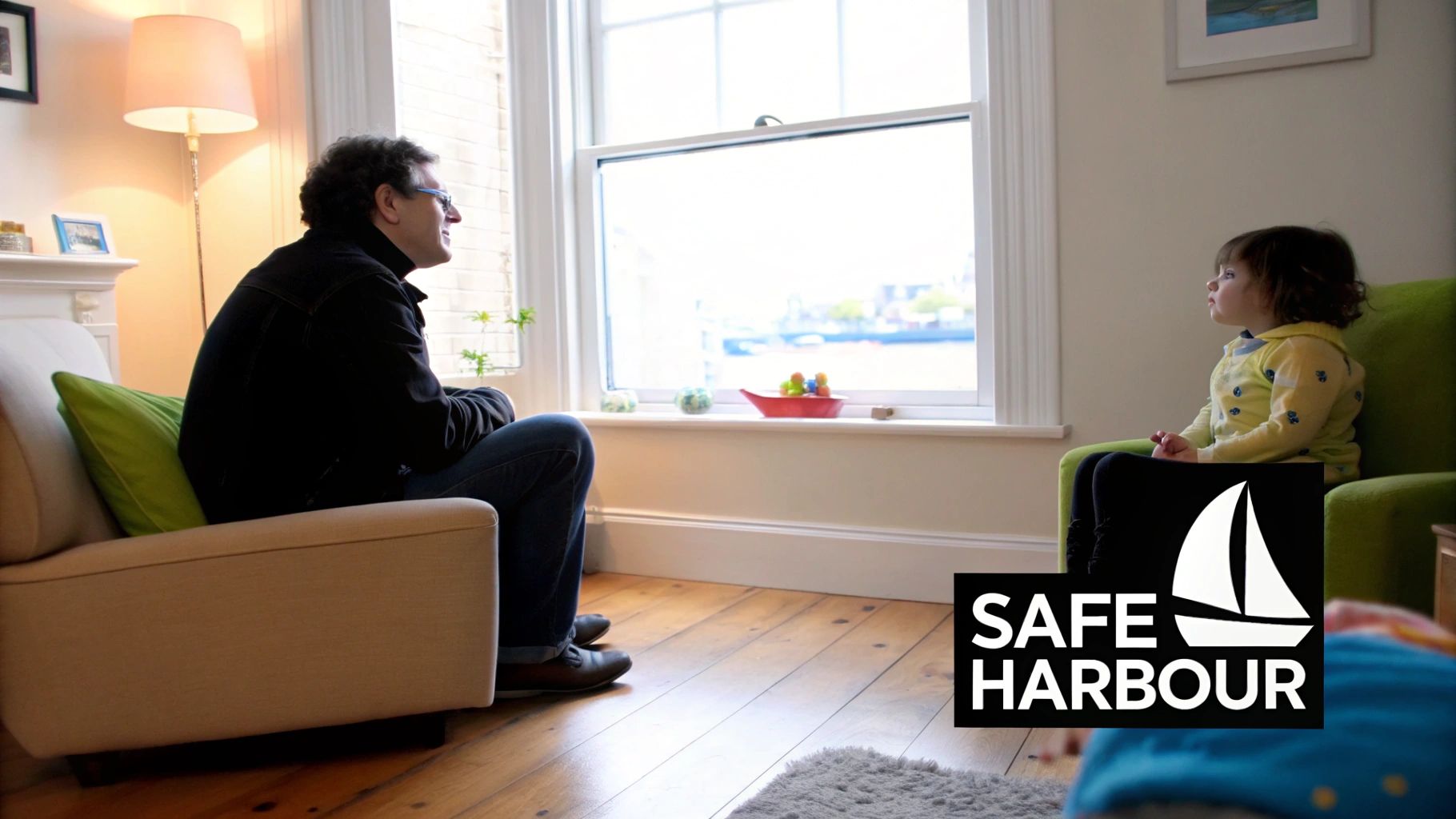 A man and a child sit in a bright living room, looking out a large window, conveying a sense of safety and support.