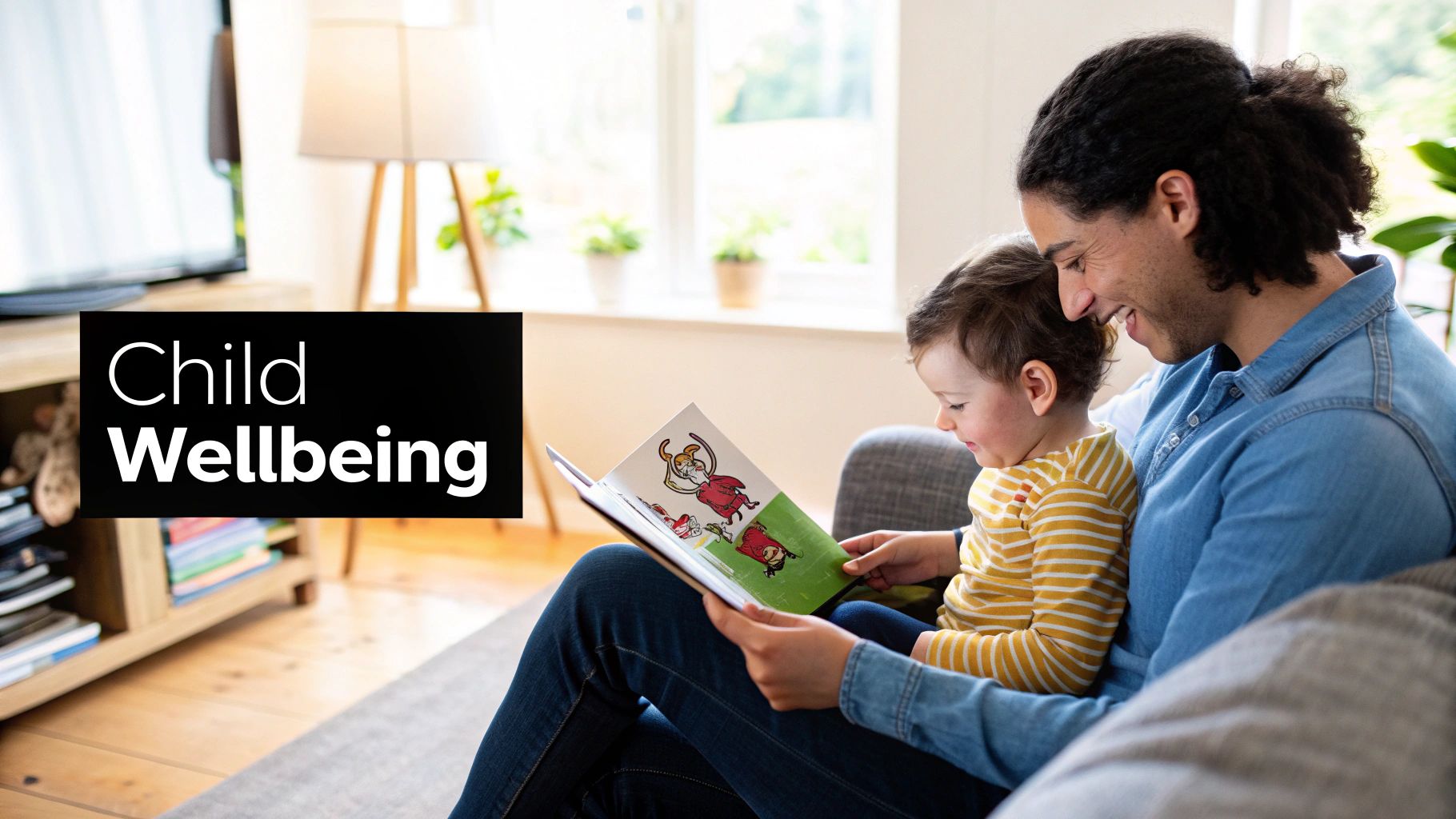 A happy father reads an educational book to his smiling child on a comfortable sofa.
