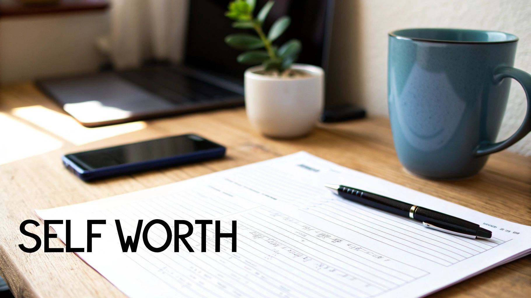 A person sitting thoughtfully at a desk, using a self worth worksheet with a pen.
