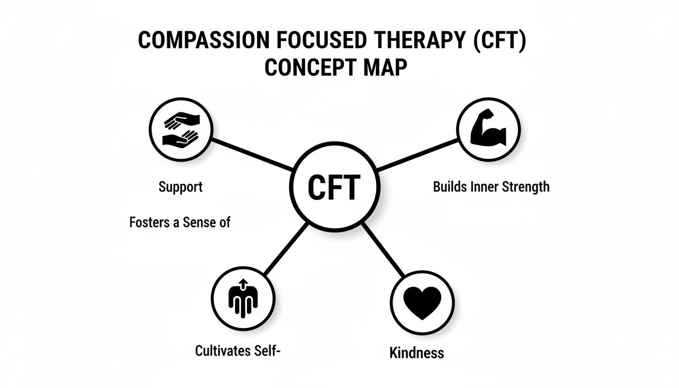 Concept map showing Compassion Focused Therapy (CFT) linked to support, inner strength, kindness, and self-cultivation.