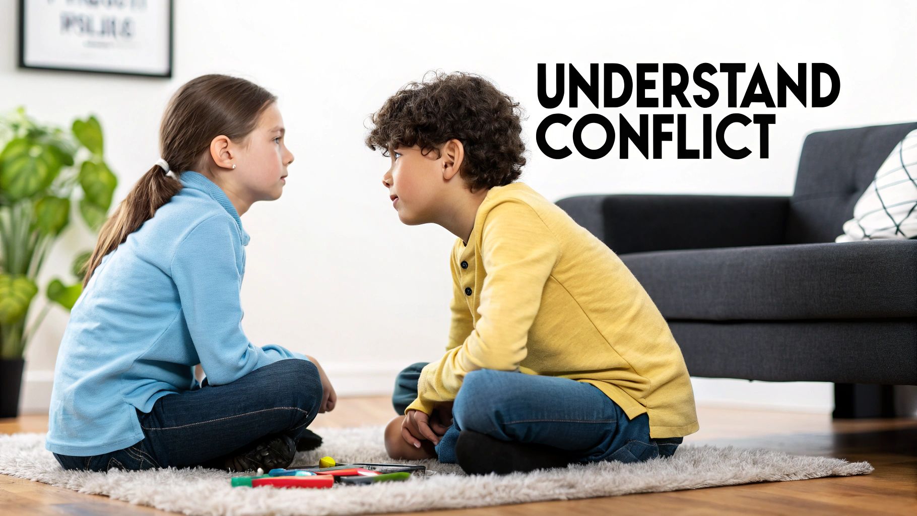 A young boy and girl sitting back-to-back, looking upset after a conflict.
