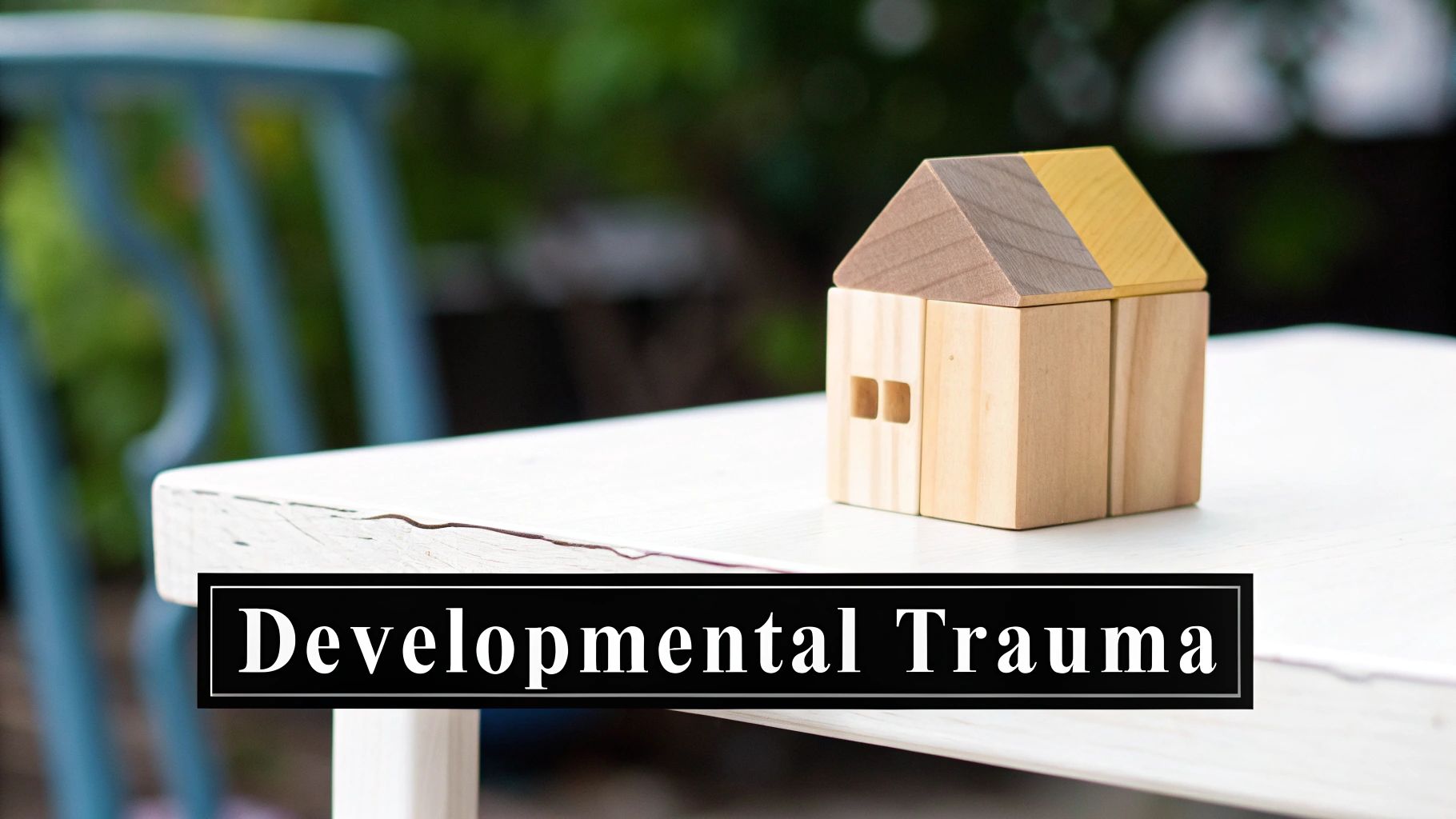 A small wooden block house with two windows rests on a white table, with 'Developmental Trauma' text overlay.