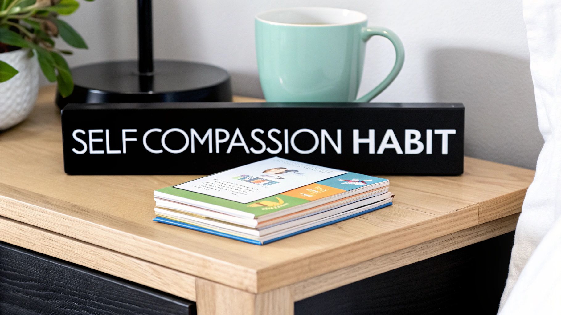 A person stands at a crossroads with signs pointing in opposite directions, one labeled "Self-Pity" and the other "Self-Compassion," representing the choice between these mindsets.