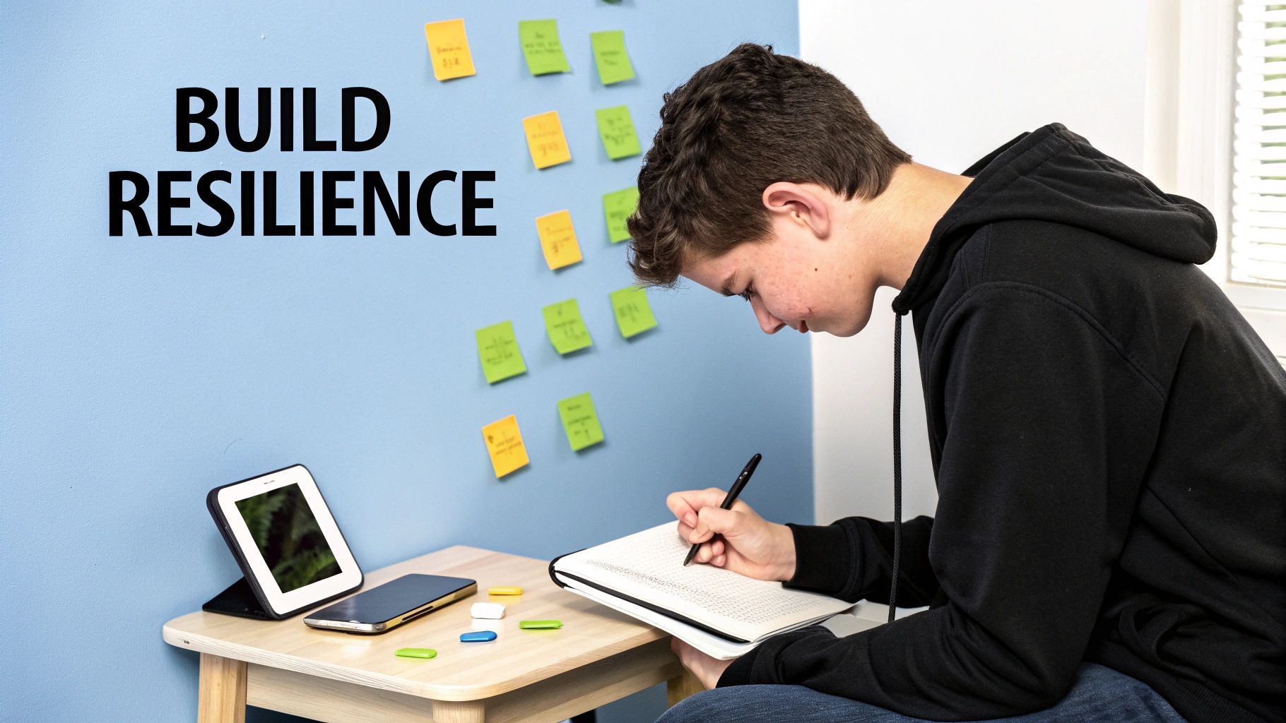 A young student diligently writes in a notebook at a desk with a tablet and sticky notes, promoting resilience.