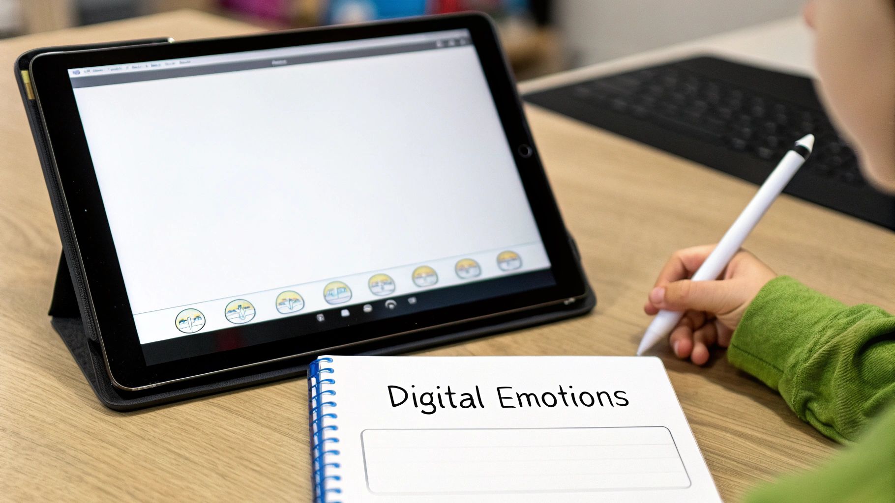 A child's hand writes in a 'Digital Emotions' notebook while a tablet with blank face templates sits nearby.