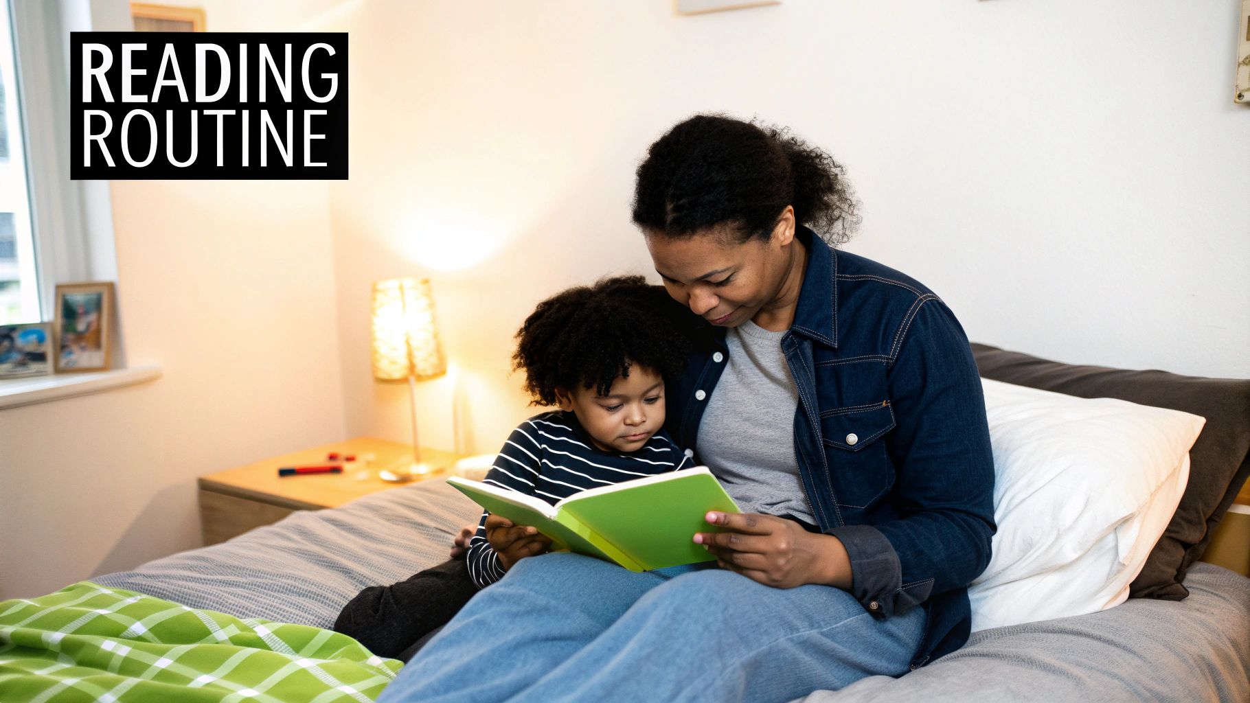 A Black mother and young child lovingly read a green storybook together in bed.