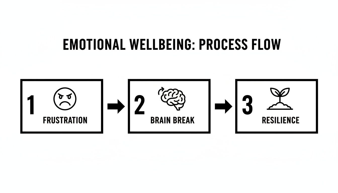Diagram illustrating emotional wellbeing process flow from frustration through brain break to resilience.