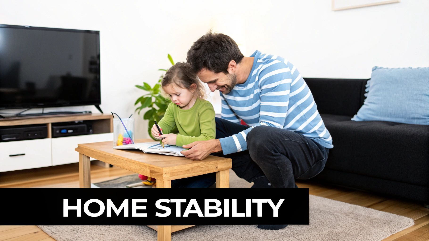 A parent and child looking out a window at a moving van, symbolizing change at home.