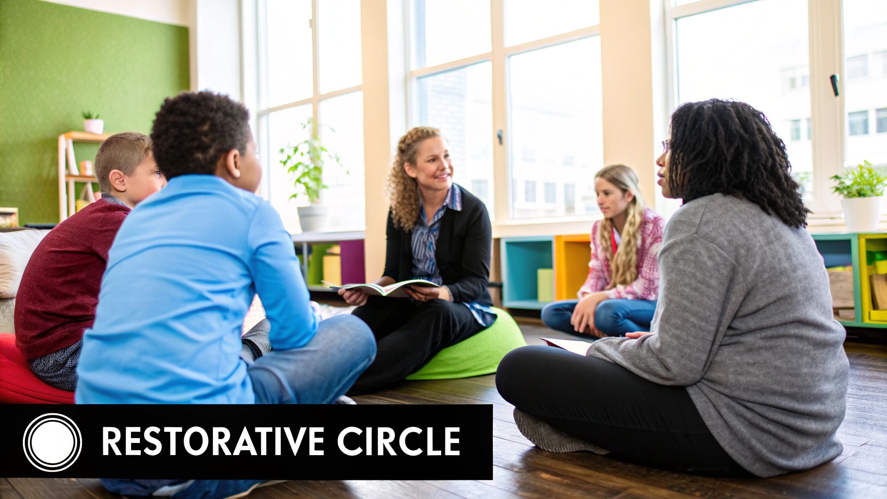 An illustration showing a group of students and a teacher sitting in a circle, engaged in a restorative discussion.