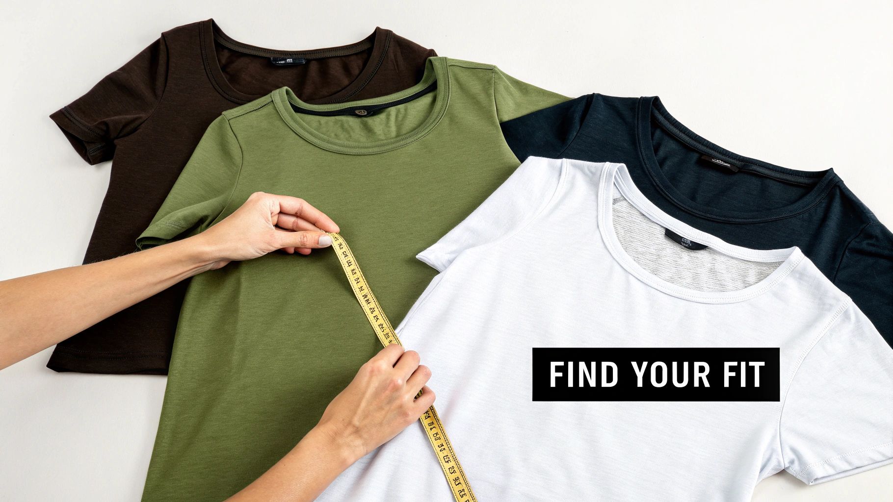 Hands measuring an olive green t-shirt, surrounded by other colored tee shirts, with a 'FIND YOUR FIT' message.