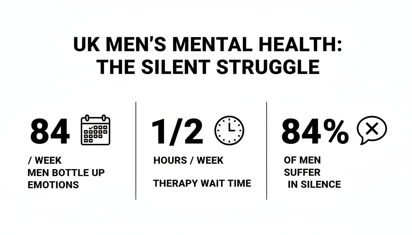 Infographic on UK men's mental health, highlighting statistics on bottling emotions, therapy wait times, and suffering in silence.