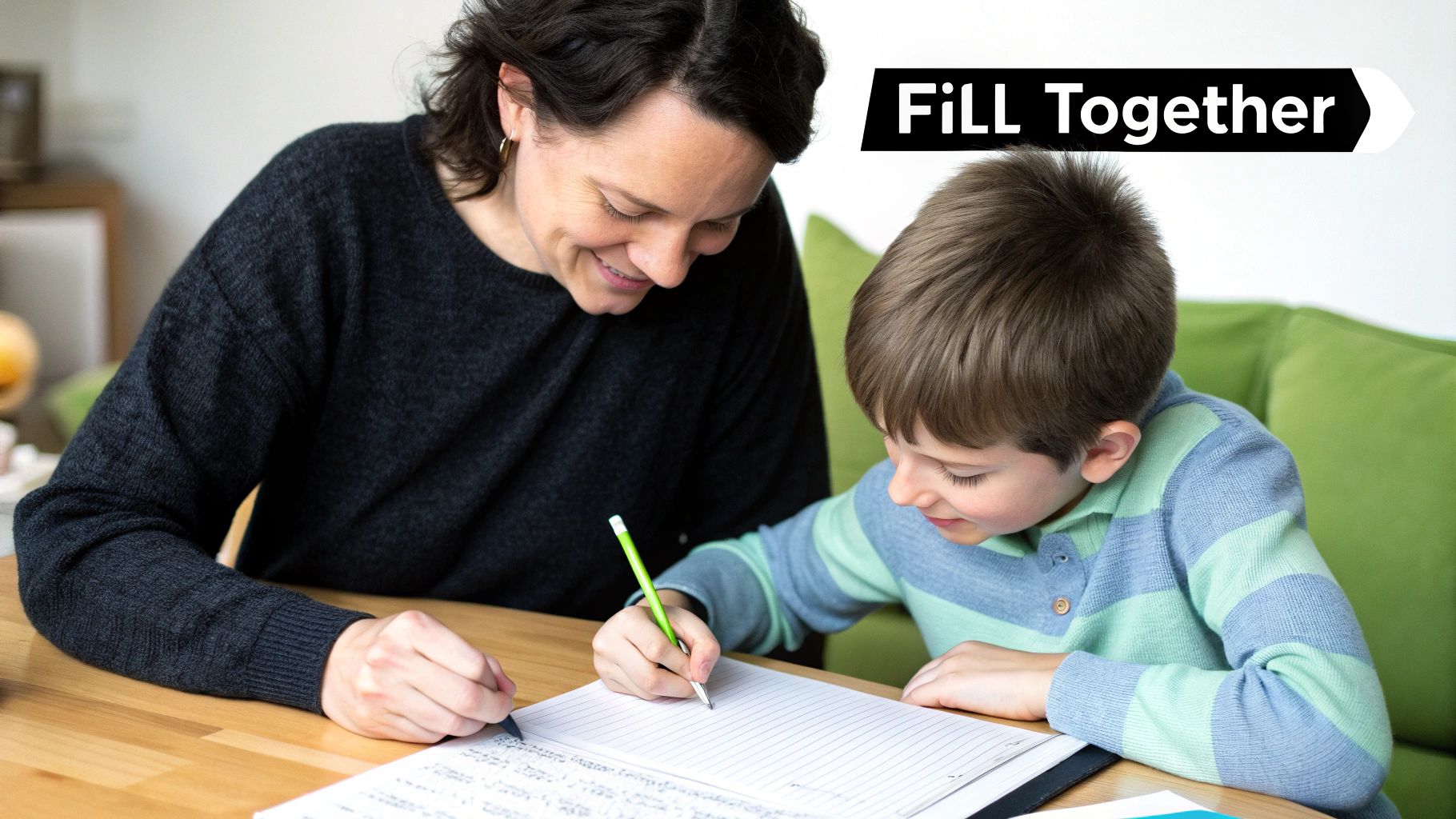 A smiling woman and a child writing in a notebook together at a wooden table.