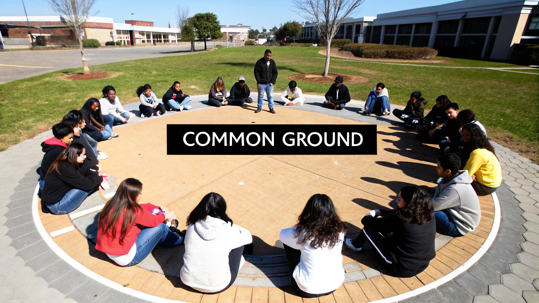 A diverse group of youth sits in a circle outdoors, fostering discussion on common ground.