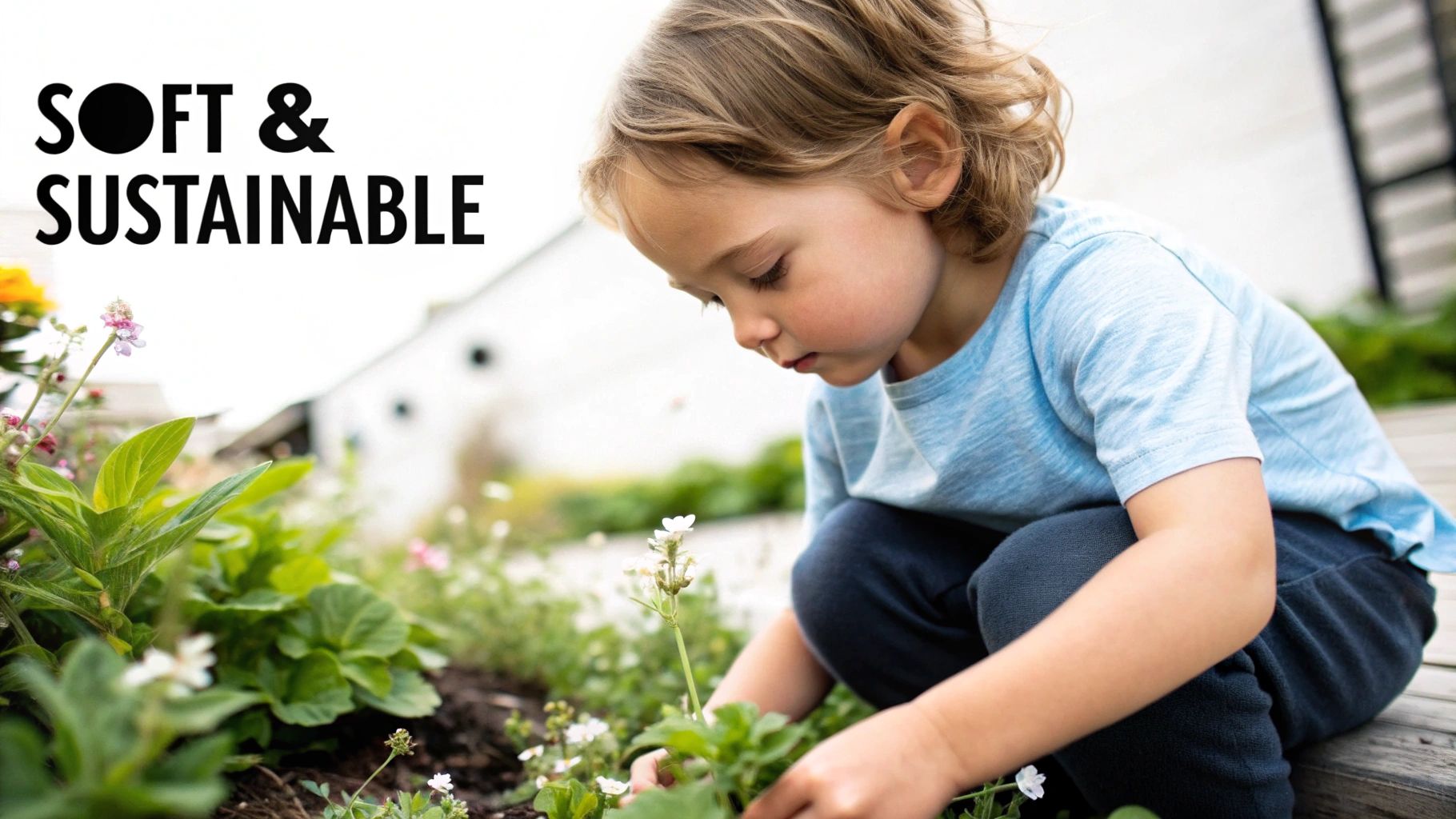 A young child in a blue t-shirt tending to small flowers in a garden.