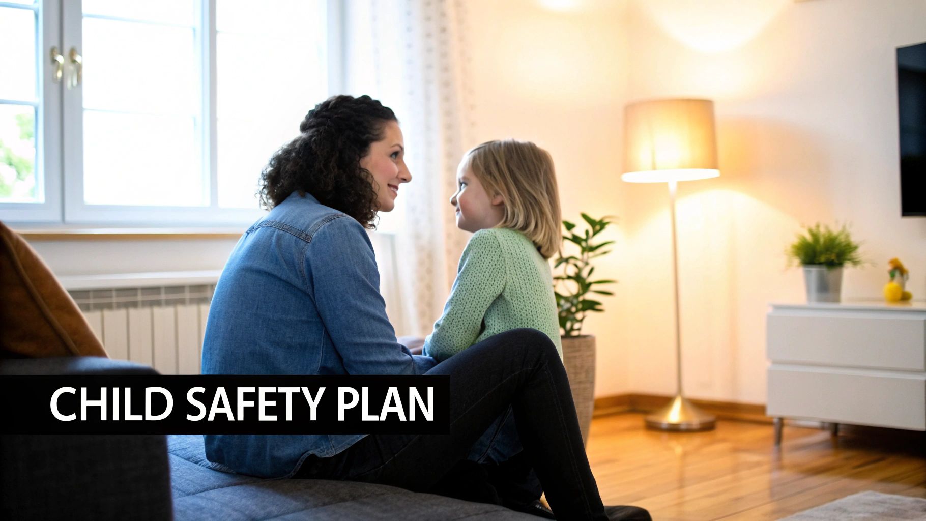 A mother and her child sit on a sofa, smiling at each other, with 'CHILD SAFETY PLAN' text overlay.