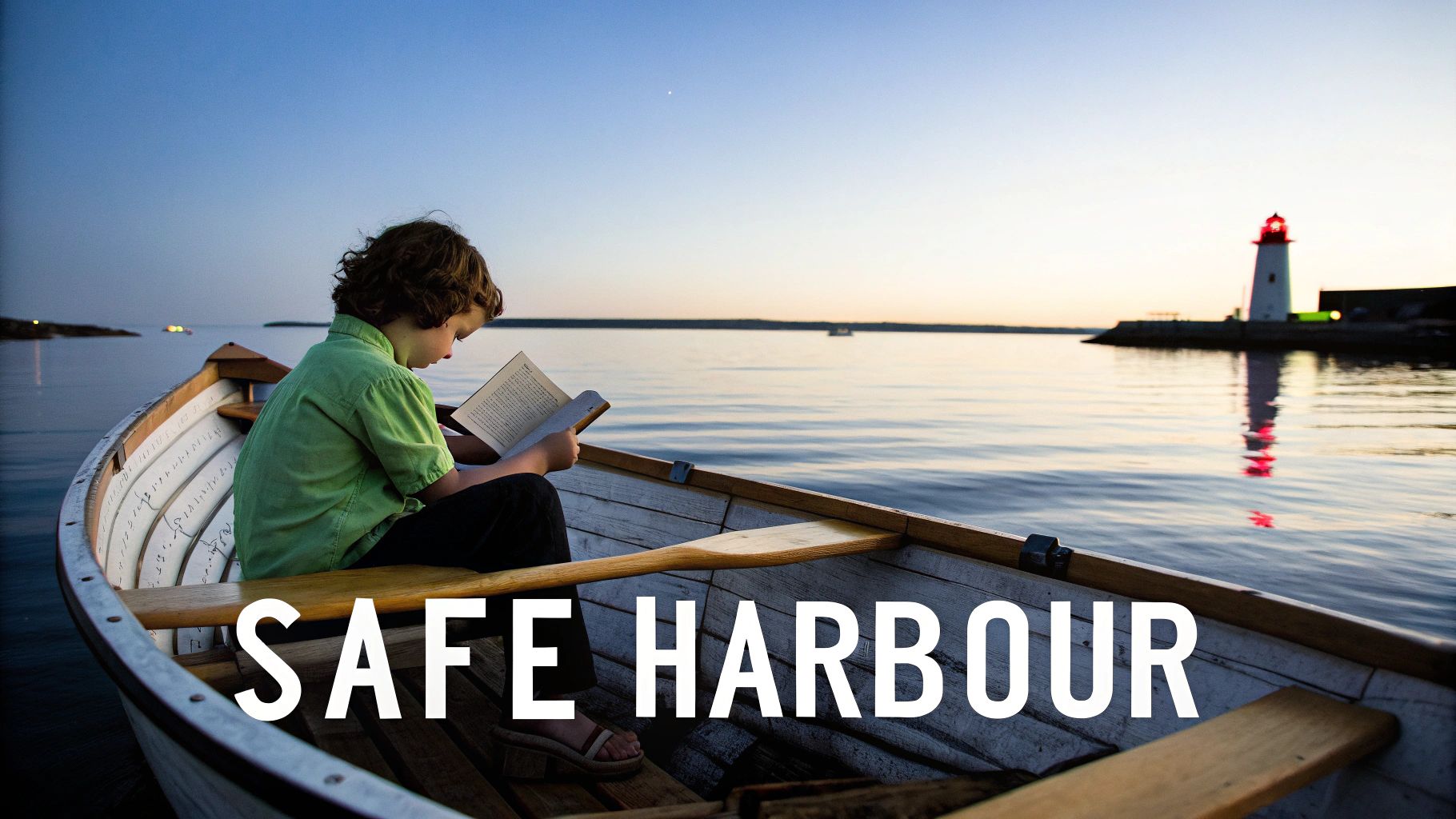 A child reads a book in a rowboat on calm water at dusk, with a lighthouse in the distance.