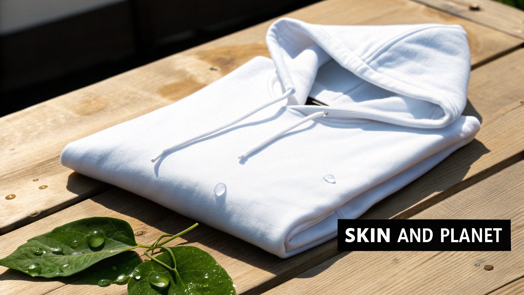 A white, water-resistant hoodie folded on a wooden surface, next to green leaves with water droplets.