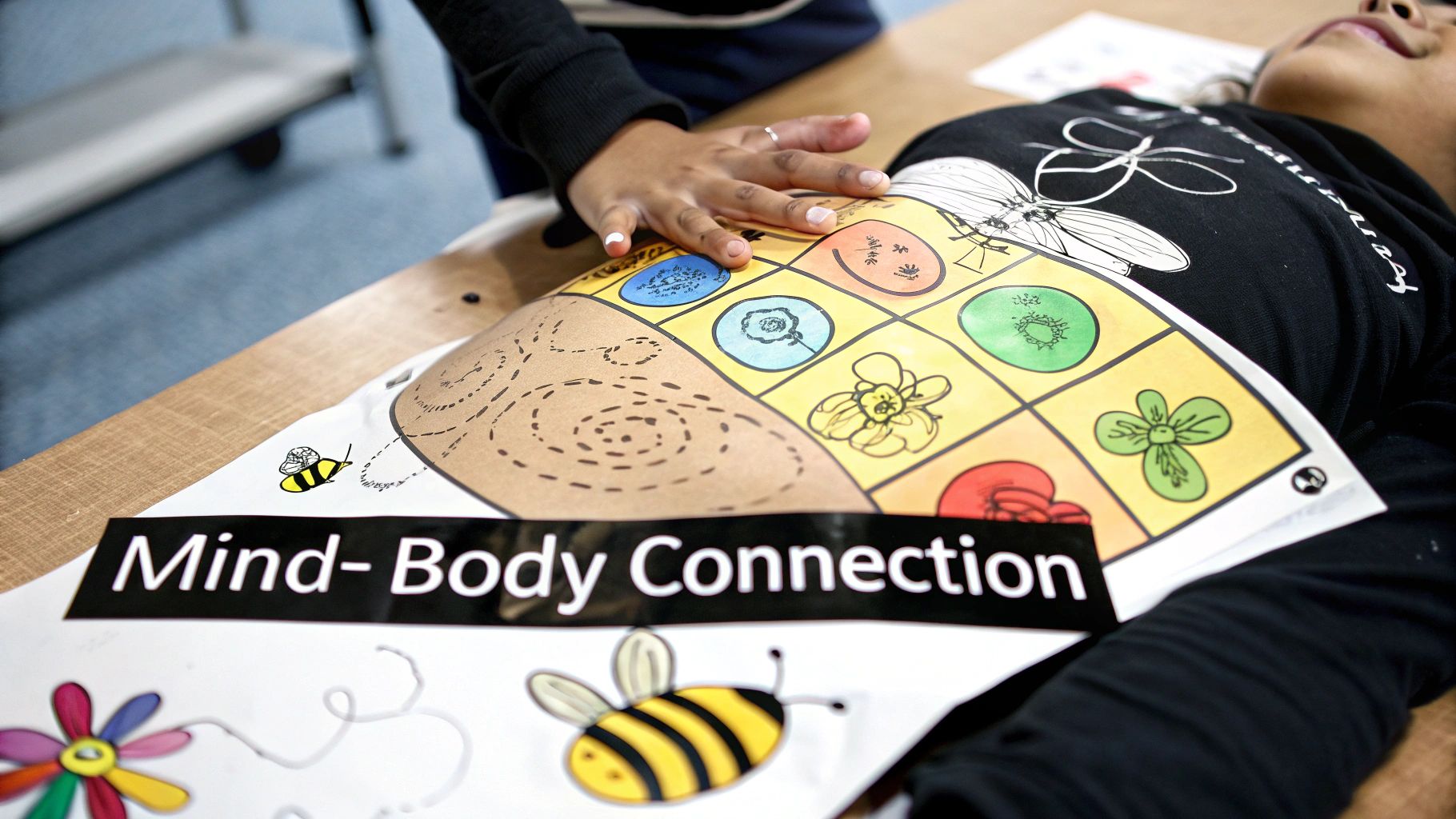 A child points to a completed body map, showing colourful drawings on the figure outline.