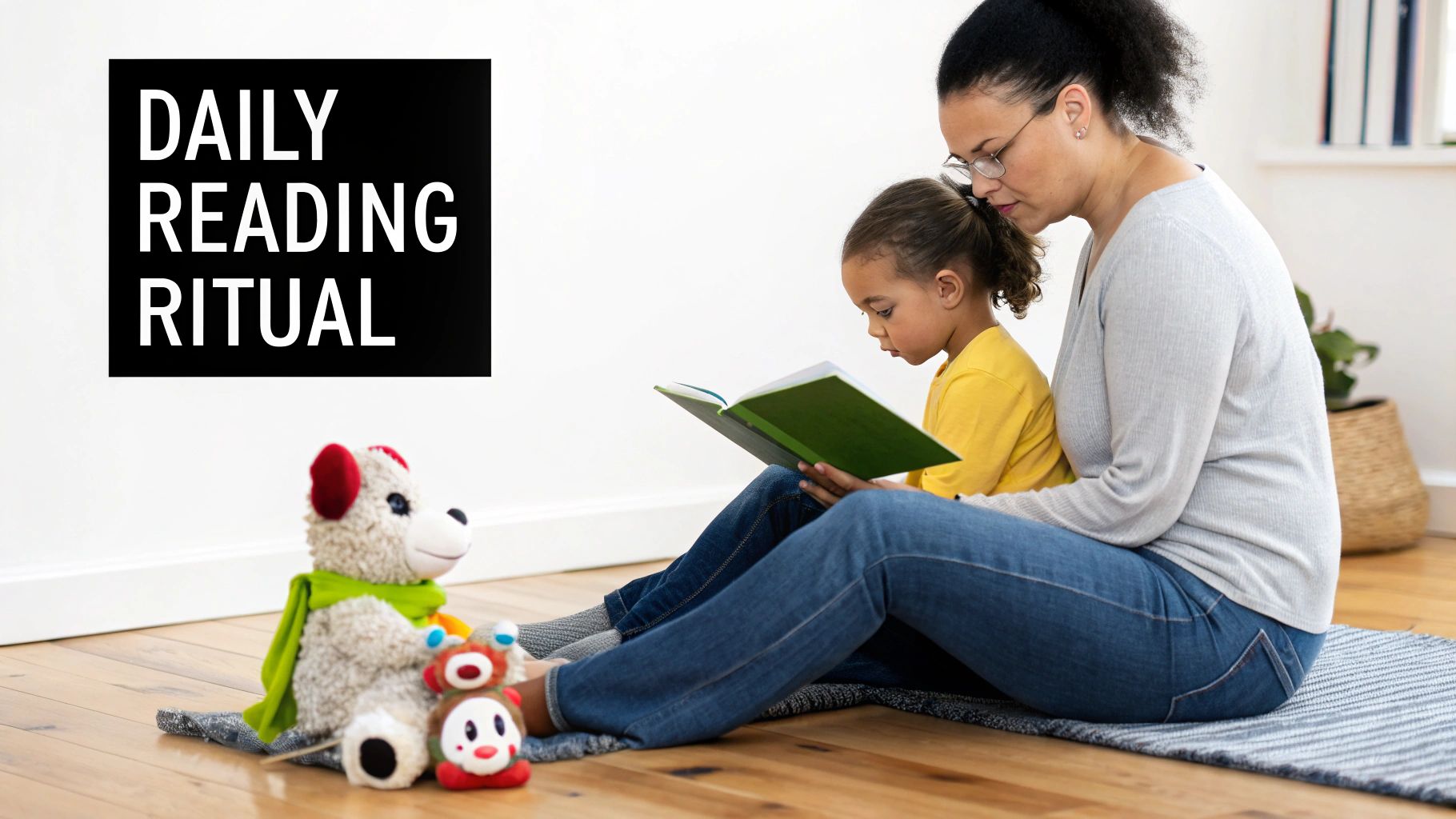 A mother and young child sit on the floor, reading a book together with stuffed animals nearby.