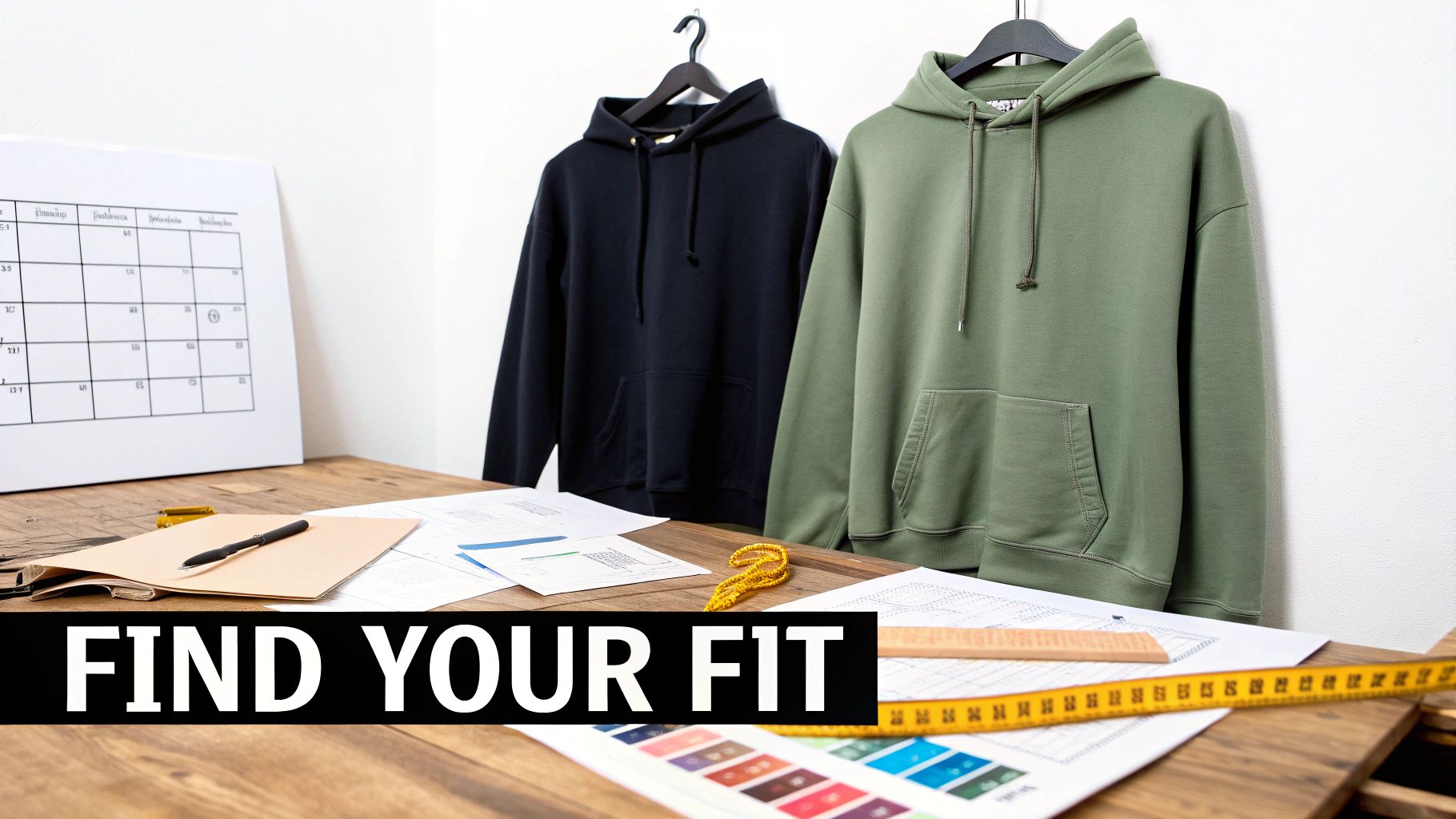 Two hoodies, black and olive green, hang above a tailor's desk with design tools.
