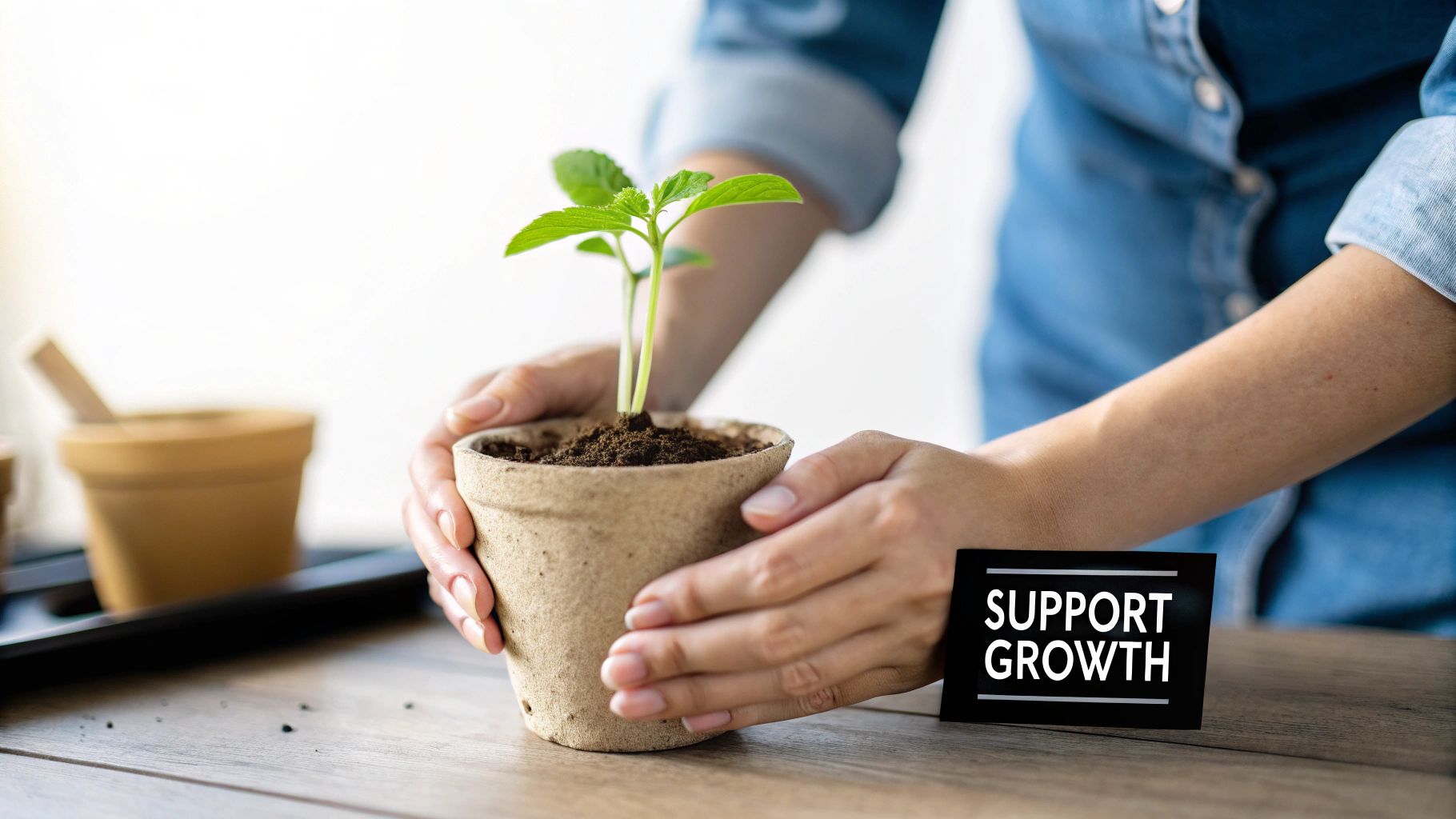 Hands gently holding a young seedling in a biodegradable pot, with a 'SUPPORT GROWTH' sign.