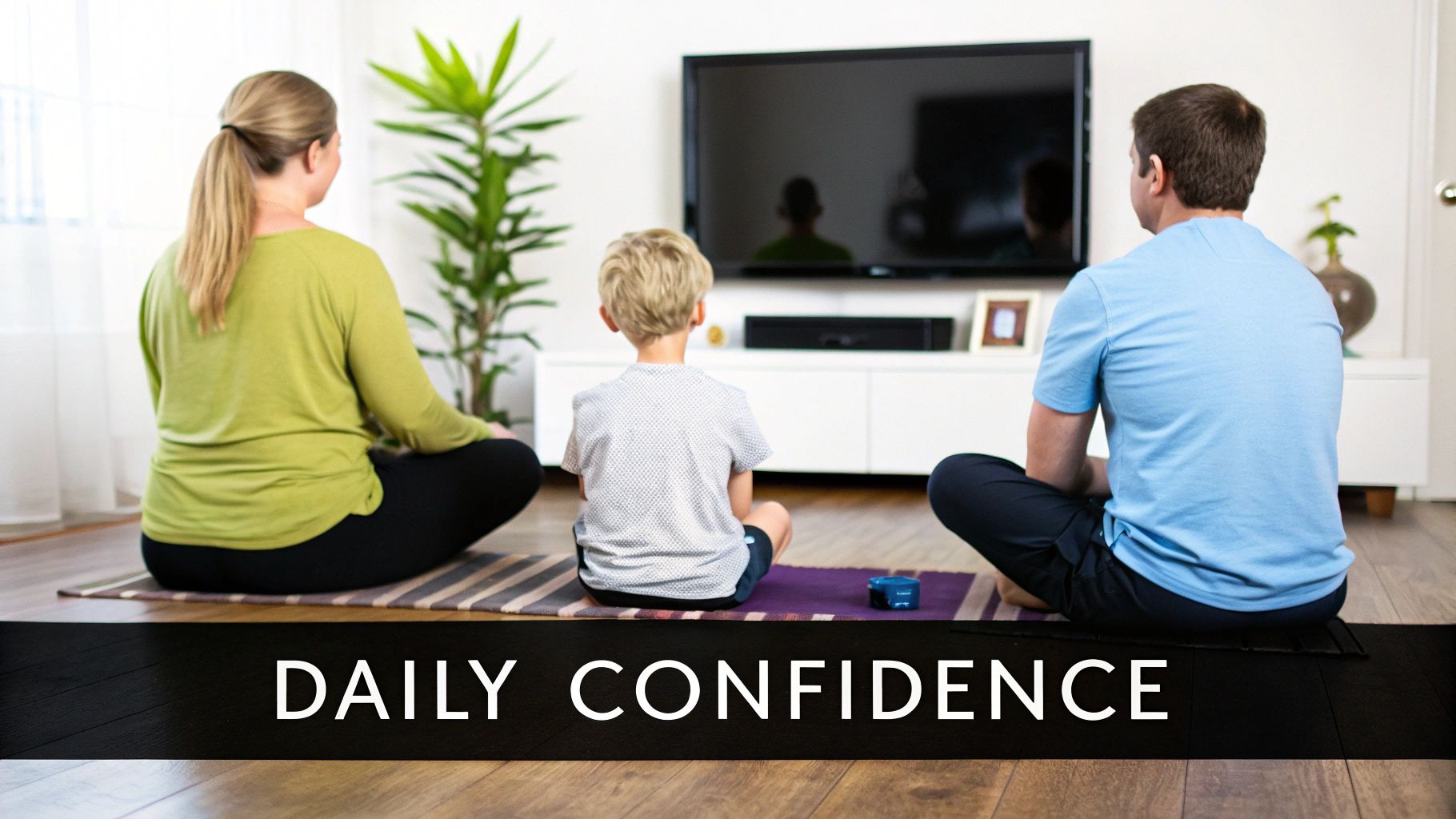 A family (mother, child, father) sits on yoga mats in a living room, practicing meditation together.