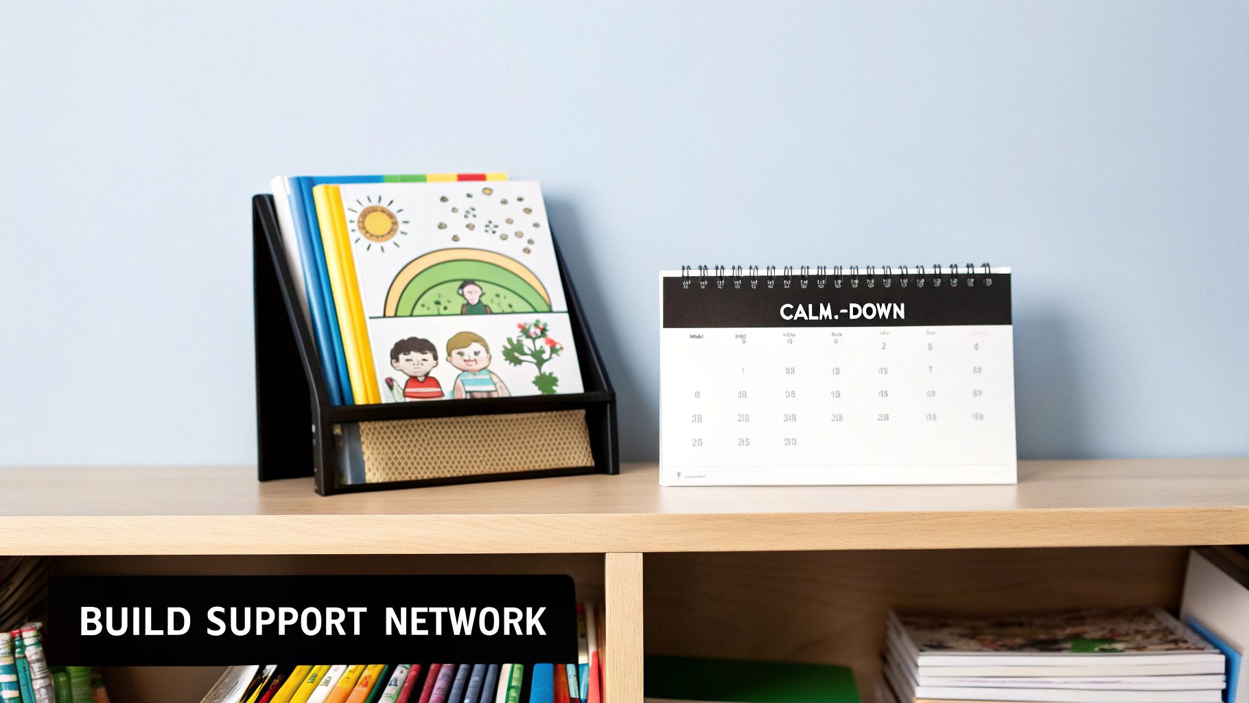 A shelf with children's books in a holder and a 'CALM.-DOWN' calendar, emphasizing support.
