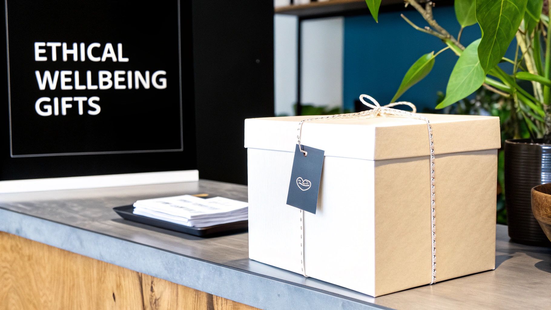 A gift box with a tag and ribbon sits on a counter, beside a sign for ethical wellbeing gifts.
