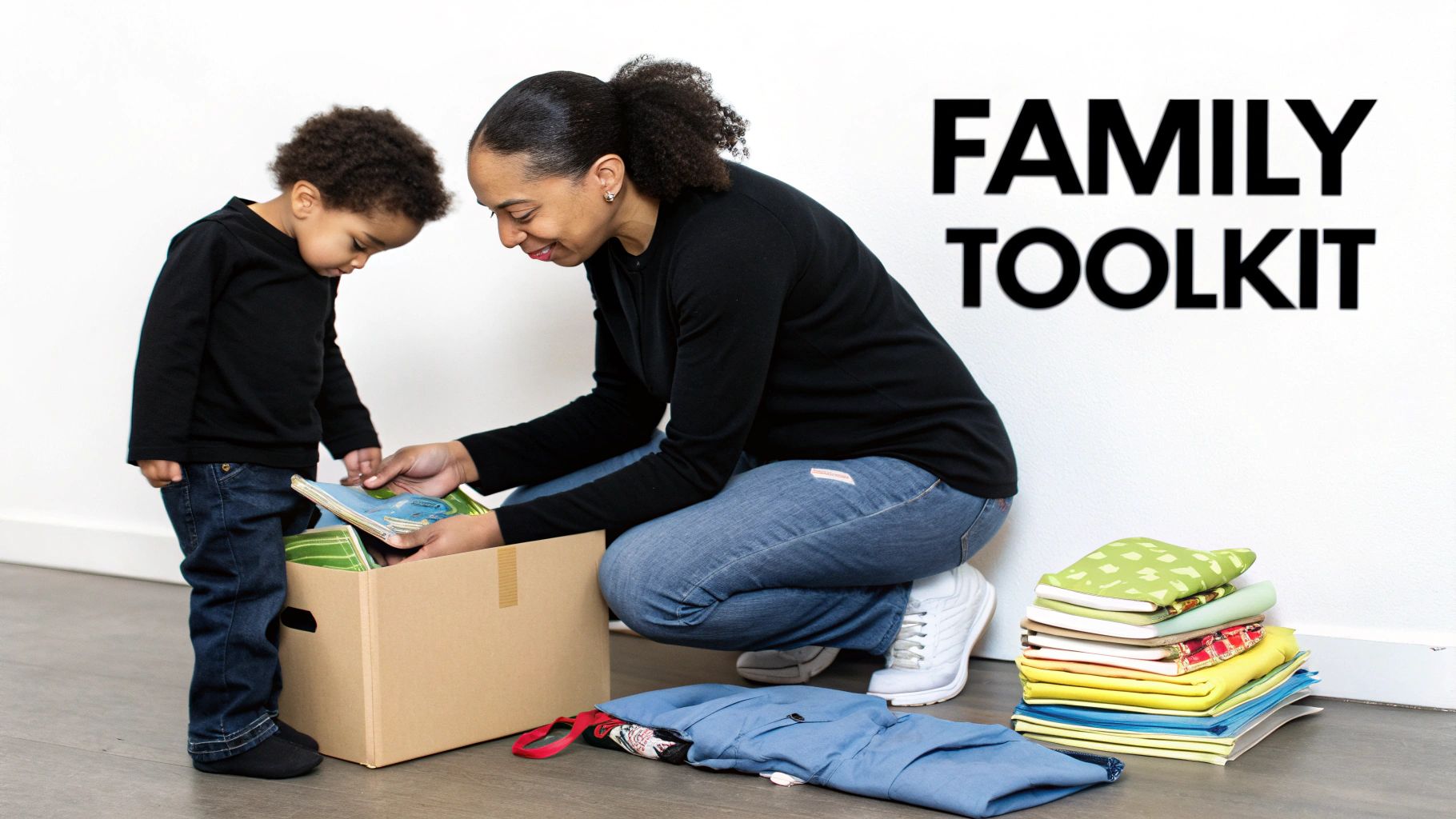 A mother and child sort through a box of books and clothes, creating a family toolkit.
