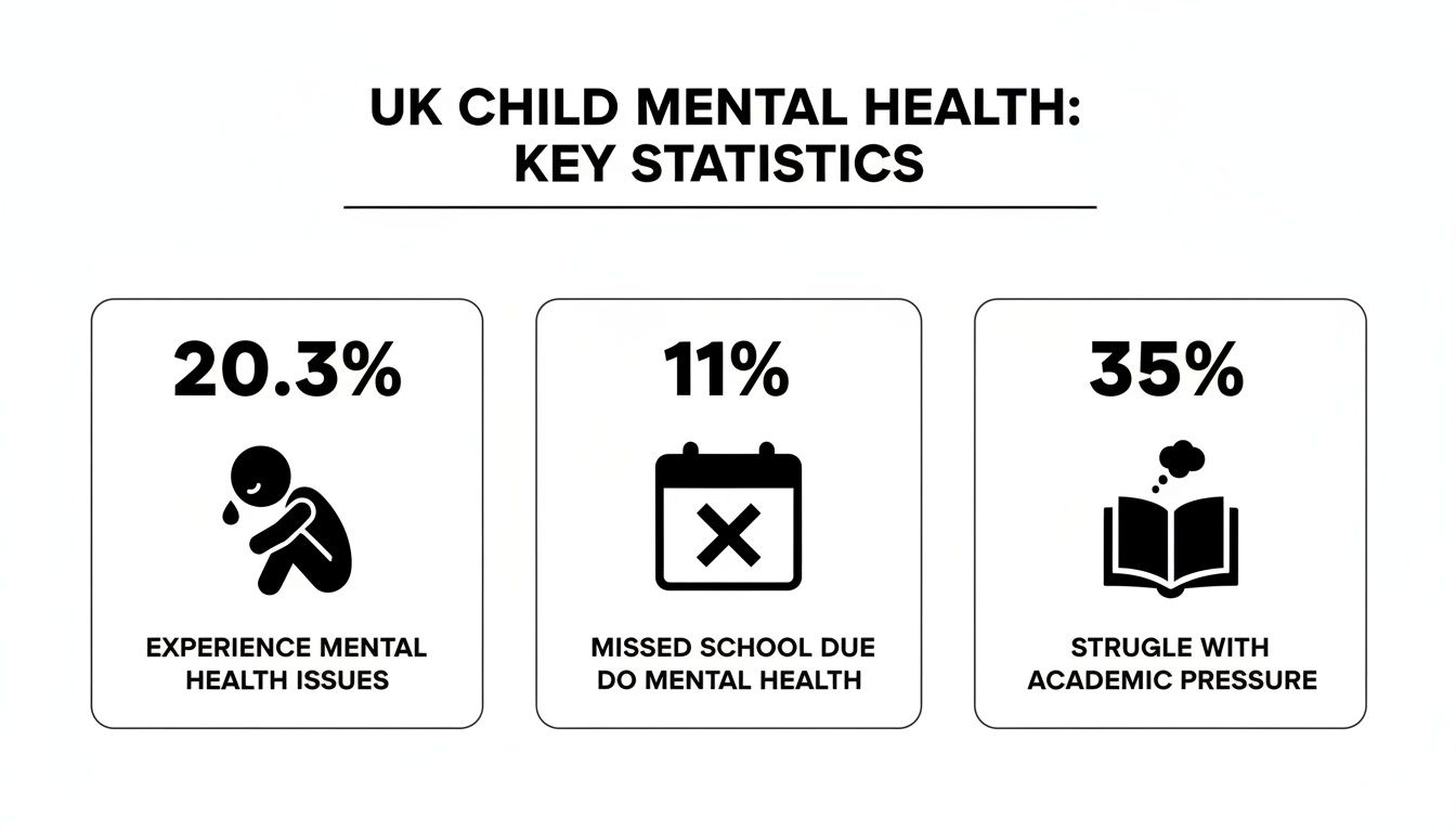 Infographic showing UK child mental health statistics: 20.3% experience issues, 11% miss school, 35% face academic pressure.