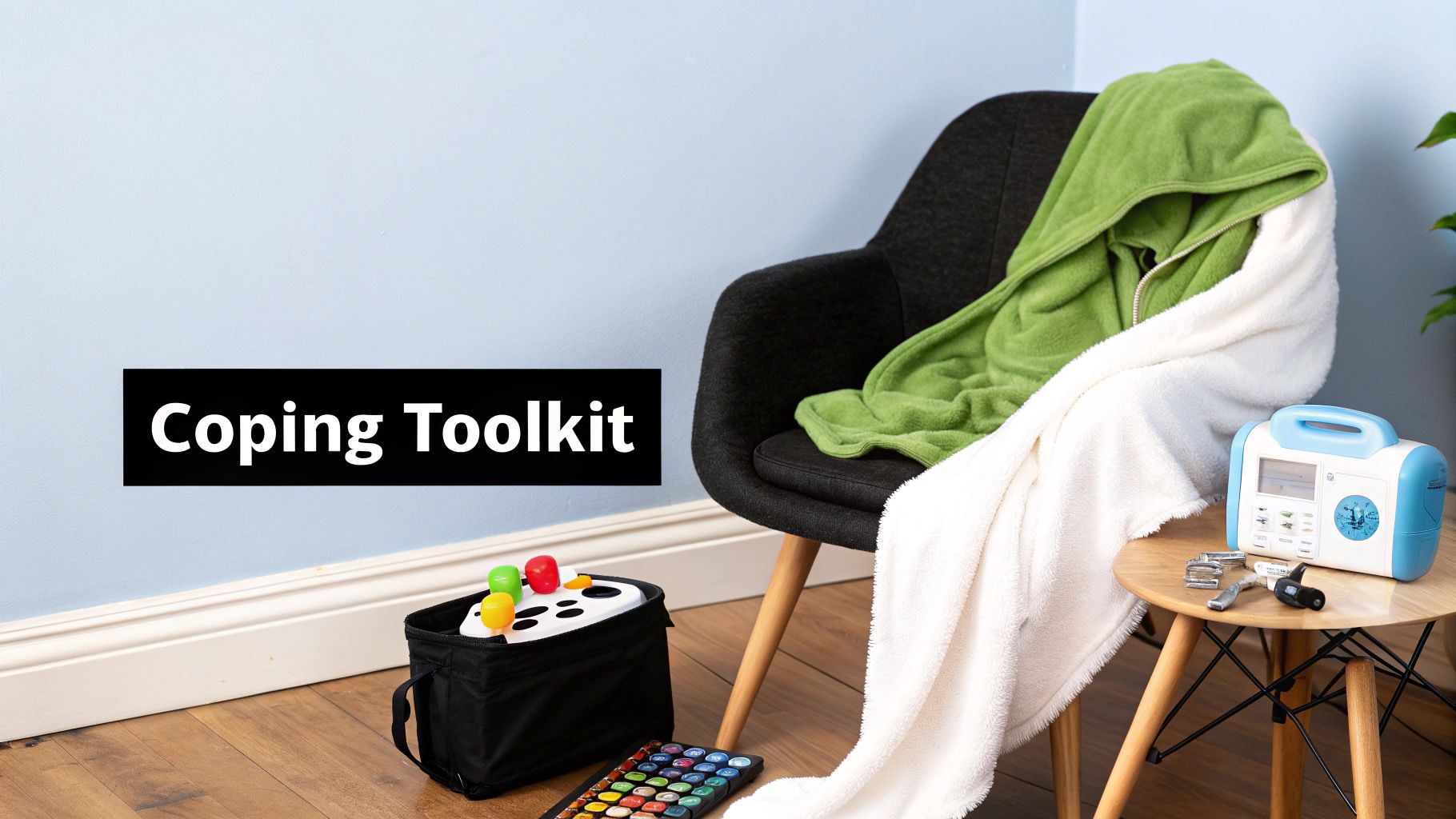 A 'Coping Toolkit' sign, with a cozy chair, blankets, radio, and sensory toys for comfort.