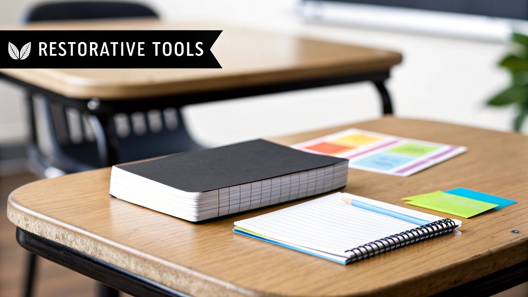 A teacher kneels down to talk to a young student in a calm and supportive classroom setting.