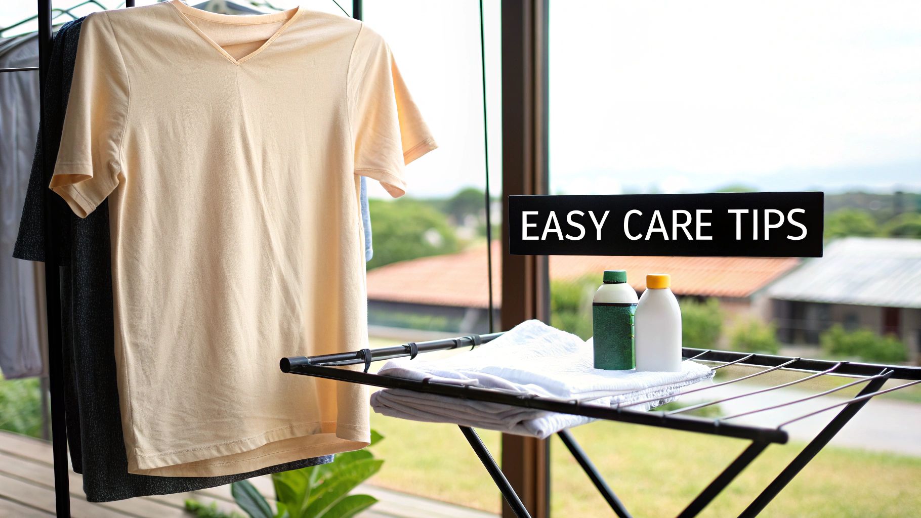 A light yellow t-shirt hanging on a rack with laundry supplies and an 'Easy Care Tips' sign.