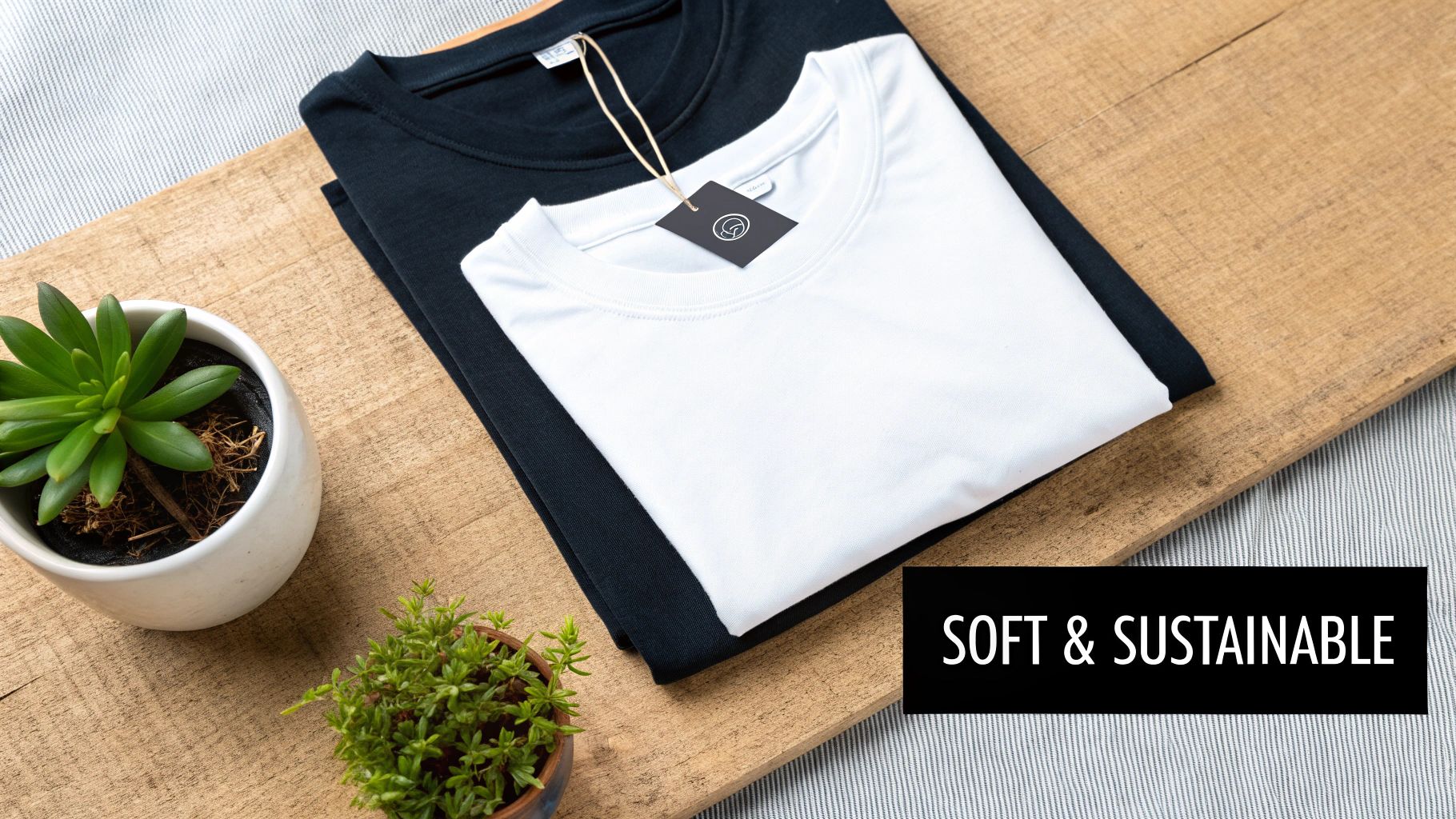 Two soft and sustainable men's t-shirts, black and white, folded on a wooden board with plants.
