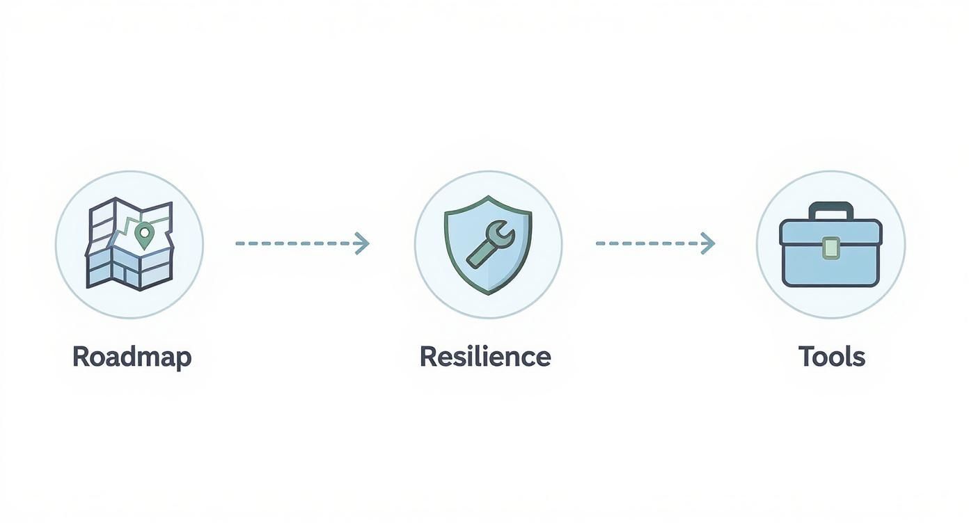 A visual showing roadmap, resilience, and tools in a sequential flow for effective planning.