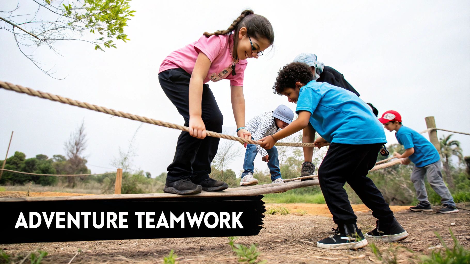 Children participating in an outdoor team-building activity, smiling as they work together.