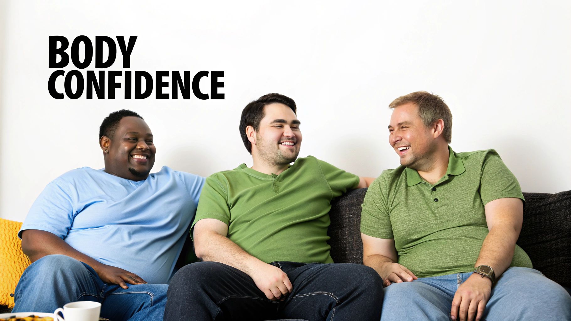 Three diverse men smiling and talking on a couch, with “BODY CONFIDENCE” text above them.